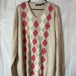 Liz Claiborne Pink & Cream Argyle V-Neck Sweater - 2X - 100% Cotton